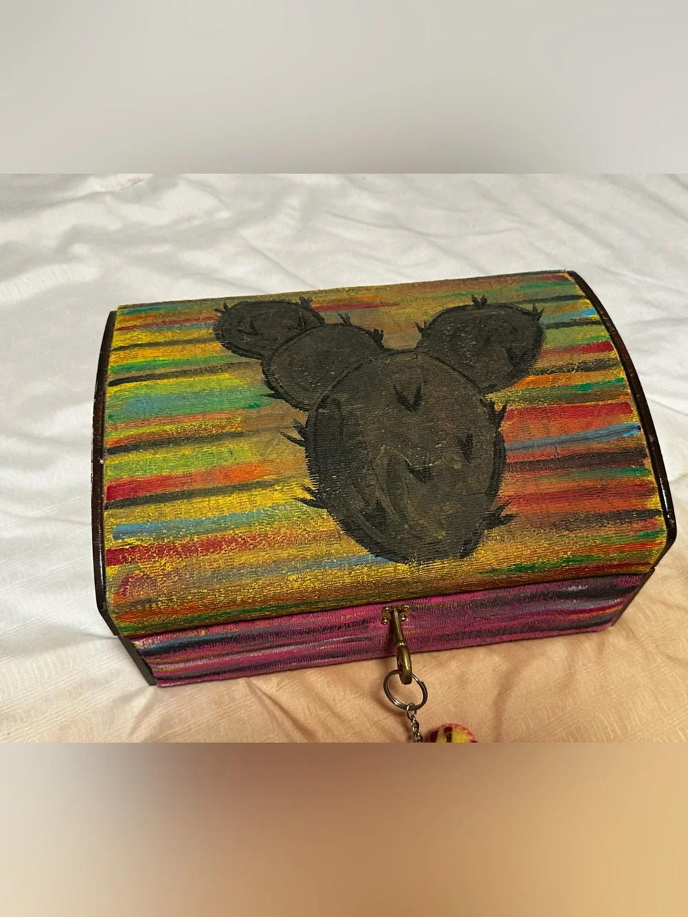 Hand-Painted Striped Jewelry Box with Cactus Motif